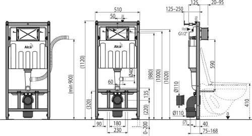 AlcaPlast AM101/1120V Sádromodul - A szagelszíváshoz előkészített fasík alatti WC rendszer