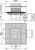 AlcaPlast APV3344 Padlóösszefolyó 105×105/50 mm vízszintes, rozsdamentes rács, vizes bűzzár