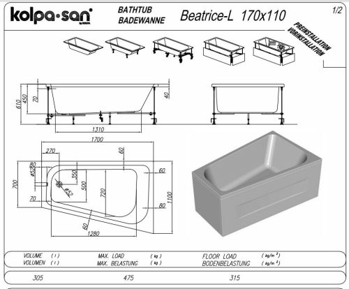 Kolpa Beatrice aszimmetrikus sarokkád 170x110 cm Balos 771040