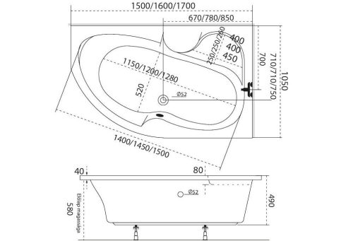 M-Acryl kád Azalia aszimmetrikus (170 x 105 cm) JOBB 12065