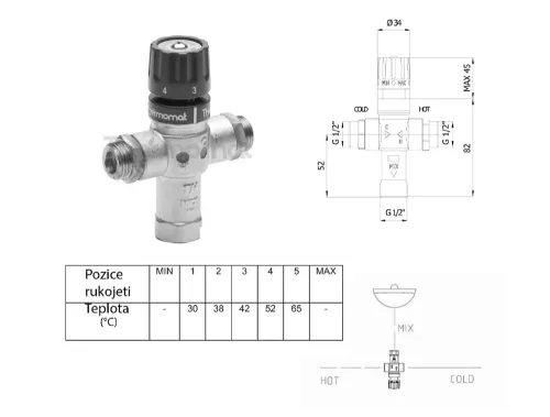 TMT12MPM Termosztátos keverőszelep 1/2" 30-60 C° visszacsapó szeleppel