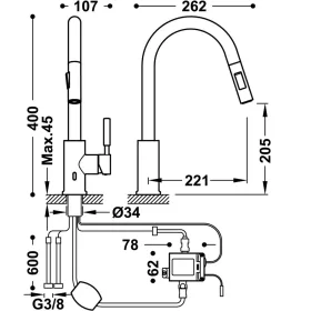   Tres elektronikus mosogató csaptelep kihúzható fejjel, rozsdamentes acél