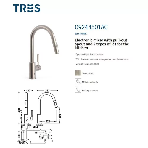 Tres elektronikus mosogató csaptelep kihúzható fejjel, rozsdamentes acél