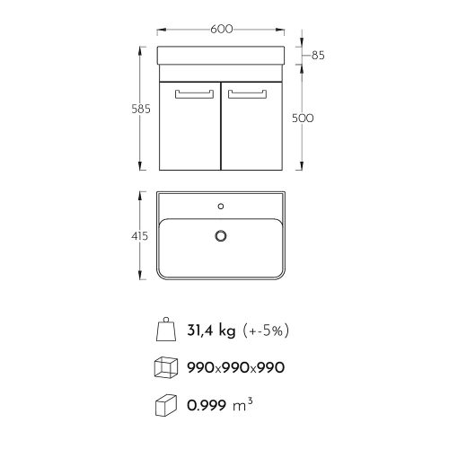 Polwood NEON 60 fürdőszoba bútor kerámia mosdóval, betonszürke