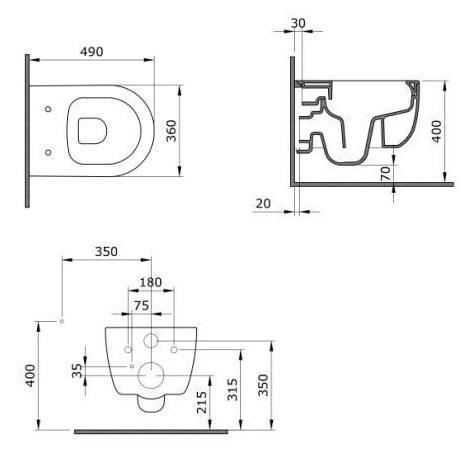 Sanovit BUENO fali WC - rimless - perem nélküli - rejtett szerelésű - mély öblítésű - rövid 49 cm