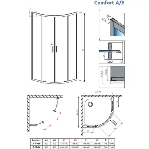 H2O COMFORT A 80x80x190cm zuhanykabin íves króm 5mm EasyClean üveg
