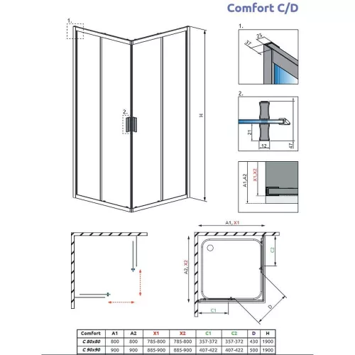 H2O COMFORT C 90x90x190cm zuhanykabin szögletes fekete 5mm EasyClean üveg