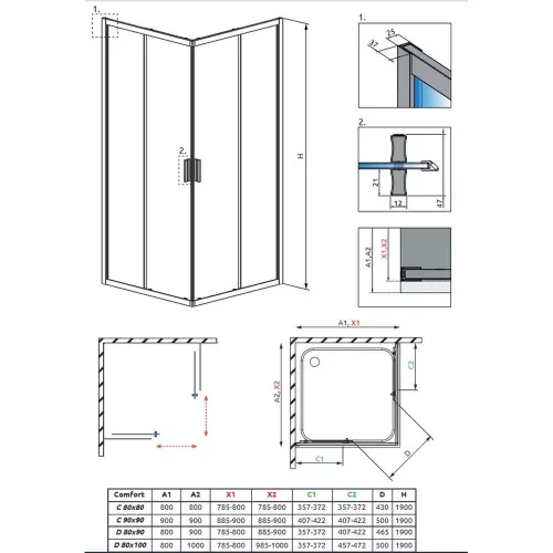 H2O COMFORT D 100x80x190cm zuhanykabin szögletes króm 5mm EasyClean üveg