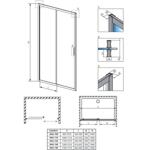 H2O COMFORT DWJ zuhanyajtó 140cm toló fekete 5mm EasyClean üveg
