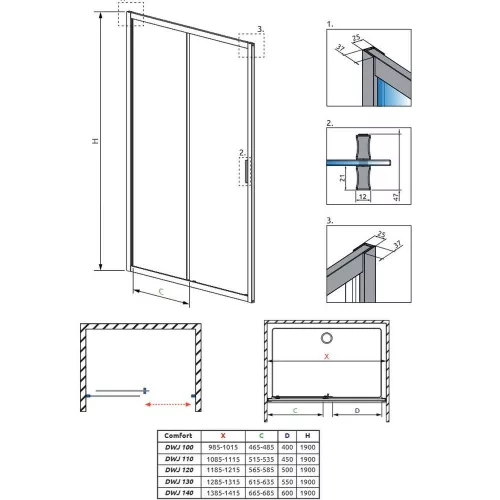 H2O COMFORT S oldalfal 90cm DWJ zuhanyajtóhoz króm 5mm EasyClean üveg