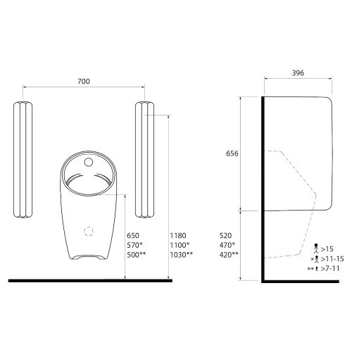 Sapho/Aqualine ISVEA piszoár térelválasztó, kerámia, 39x66cm (10NF93001)