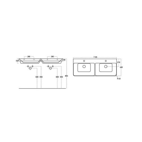 Sanovit LUXURY - MATT FEKETE - porcelán mosdókagyló - dupla - 120 x 46 cm