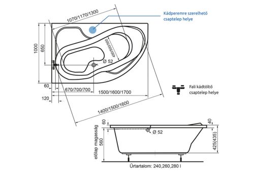 H2O FORTUNA 150x100cm fürdőkád BAL kádláb nélkül
