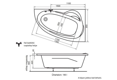 H2O KITTY 150x95cm fürdőkád BAL kádláb nélkül