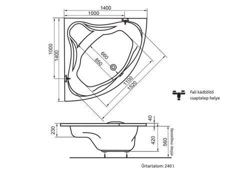 H2O EMILY 140x140cm sarokkád kádláb nélkül