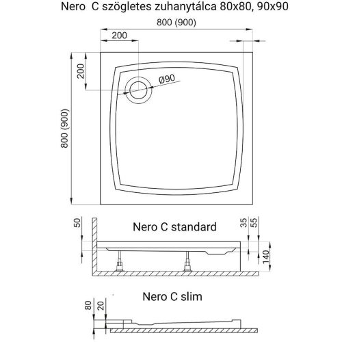 H2O NERO C Slim 90x90x8cm szögletes zuhanytálca szifonnal