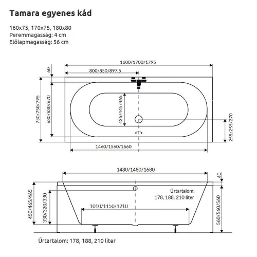 H2O TAMARA 170x75cm fürdőkád kádláb nélkül