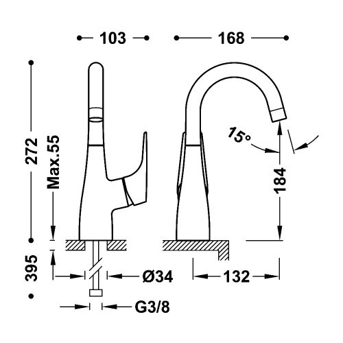Tres Canigo-Tres Plus egykaros álló mosdócsaptelep leeresztő nélkül 21830802