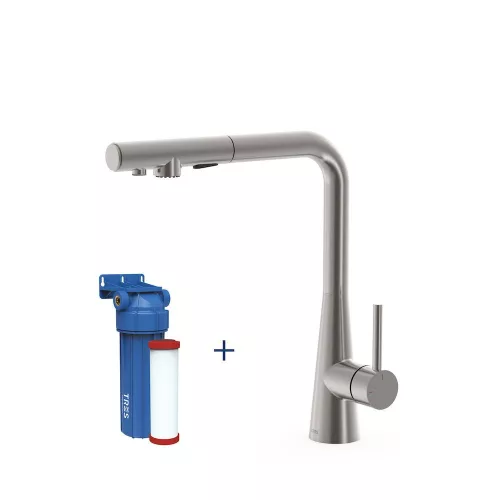 Tres DUAL-SOURCE mosogatócsap kihúzható fejjel, INOX, kétfunkciós, vízszűrővel