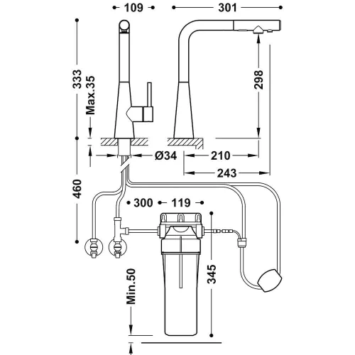 Tres DUAL-SOURCE mosogatócsap kihúzható fejjel, INOX, kétfunkciós, vízszűrővel
