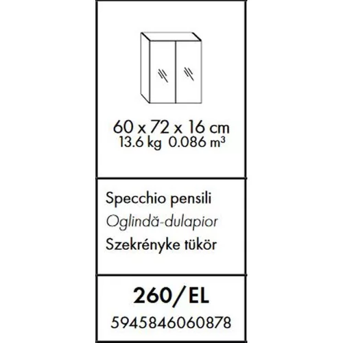 SaviniDue Tükrösszekrény 2 ajtós 60x72/16cm fényes fehér 260/EL