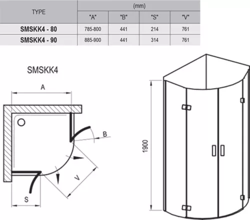 Ravak Smartline SMSKK4-80 négyrészes, negyedköríves zuhanykabin