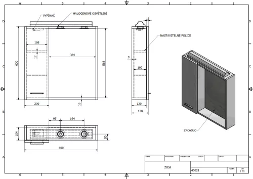 Aqualine ZOJA tükrösszekrény LED világítással jobbos 60x60x14 cm 45022