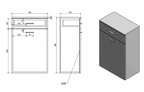 Aqualine ZOJA alsó szekrény fiókkal szennyestartóval 50x78x29cm 51310