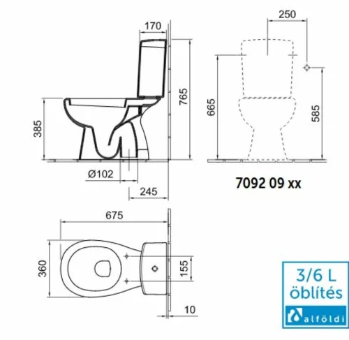 Alföldi SAVAL 2.0 monoblokk WC alsó kifolyású, mélyöblítésű, tartály nélkül (70 90 09 01) - Kifutó!