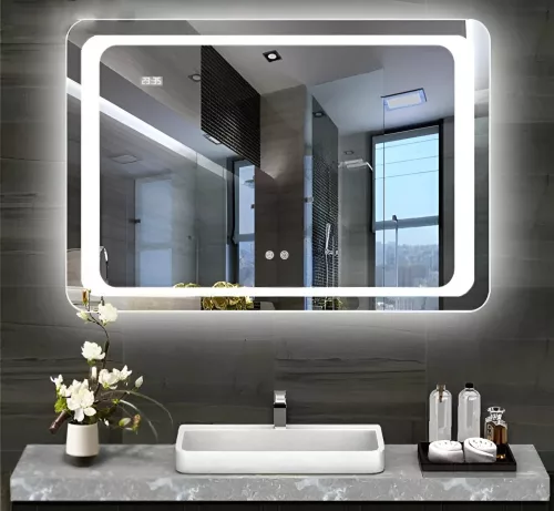 AURA Led TOUCH fürdőszobai tükör - páramenetesítővel - órával - fekvő - 60 x 80 cm