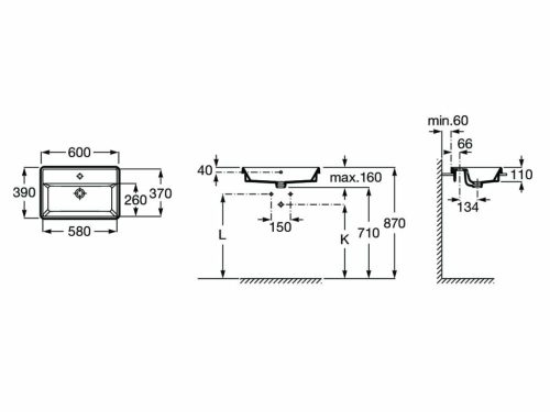 Roca The Gap szögletes pultba építhető mosdó 60x39/4cm A3270YA000