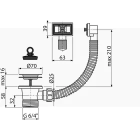   ALCA mosogató leeresztő 6/4", rozsdamentes ráccsal DN70, flexibilis túlfolyóval (A331)