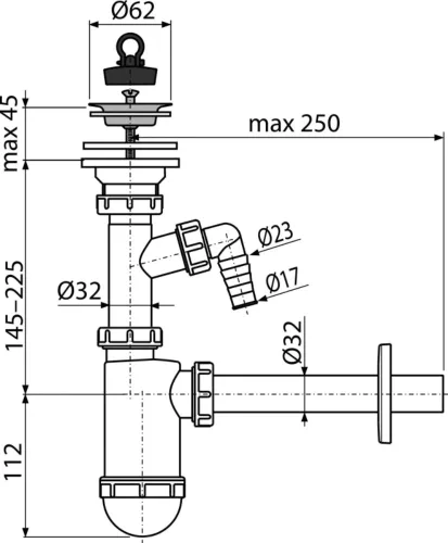 ALCA Mosdószifon DN32 rozsdamentes leeresztővel DN63 és csatlakozóval (A410P)