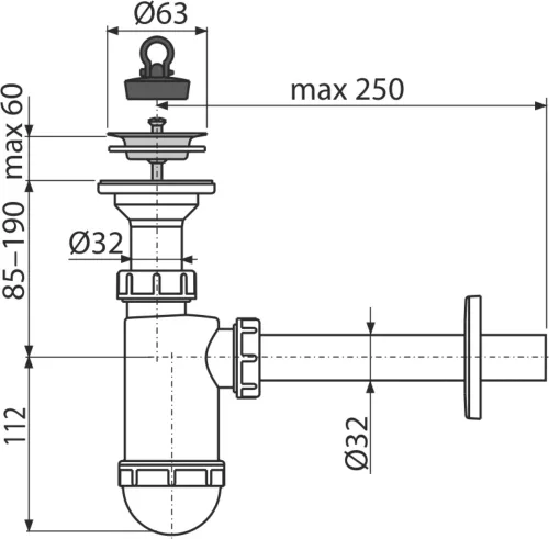 ALCA Mosdószifon DN32 rozsdamentes leeresztővel DN63 (A410)