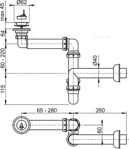 ALCA helytakarékos mosdószifon DN40, rozsdamentes leeresztővel DN63 (A413)