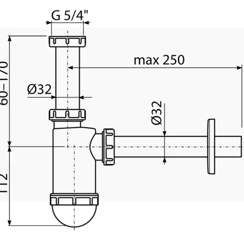 ALCA mosdószifon DN32, leeresztő nélkül, 5/4" hollanderrel (A430)