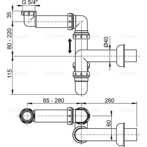 ALCA helytakarékos mosdószifon DN40, leeresztő nélkül, 5/4" hollanderrel (A434)