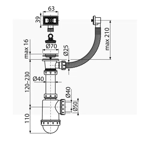 ALCA mosogató szifon rozsdamentes leeresztővel DN70, flexibilis túlfolyóval (A444-DN50/40)