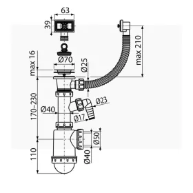   ALCA mosogató szifon rozsdamentes leeresztővel DN70, flexibilis túlfolyóval és csatlakozóval (A444P-DN50/40)