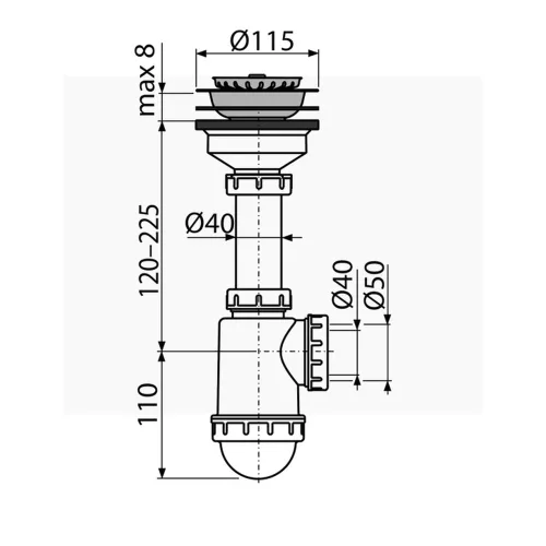 ALCA mosogató szifon rozsdamentes leeresztővel DN115 és csatlakozóval (A446PDN50/40)
