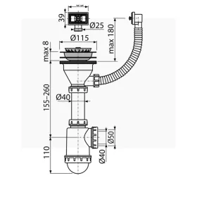   ALCA mosogatószifon rozsdamentes leeresztővel DN115 és flexibilis túlfolyóval (A447-DN50/40)