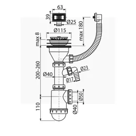   ALCA mosogatószifon rozsdamentes leeresztővel DN115, flexibilis túlfolyóval és csatlakozóval (A447P-DN50/40)