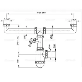   ALCA szifon kétmedencés mosogatóhoz 6/4" hollanderrel és csatlakozóval (A448P-DN50/40)