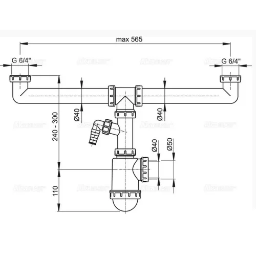 ALCA szifon kétmedencés mosogatóhoz 6/4" hollanderrel és csatlakozóval (A448P-DN50/40)
