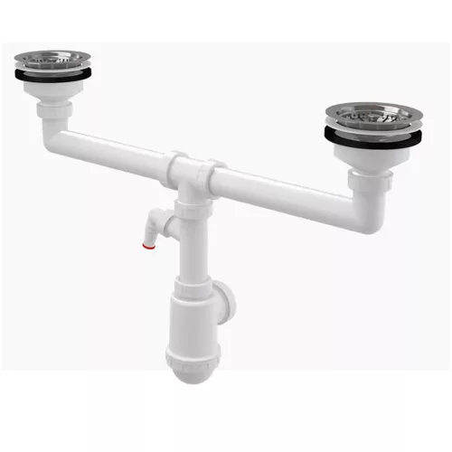 ALCA szifon kétmedencés mosogatóhoz, rozsdamentes leeresztővel DN115 és csatlakozóval (A453P)