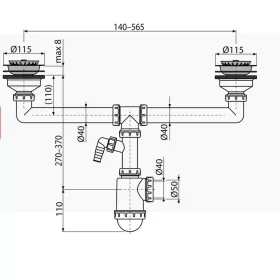  ALCA szifon kétmedencés mosogatóhoz, rozsdamentes leeresztővel DN115 és csatlakozóval (A453P)