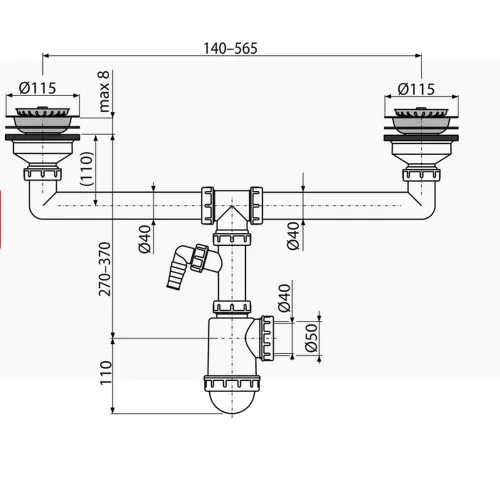 ALCA szifon kétmedencés mosogatóhoz, rozsdamentes leeresztővel DN115 és csatlakozóval (A453P)
