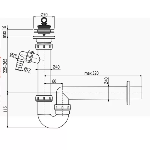 ALCA mosogató csőszifon leeresztő ráccsal DN70 és csatlakozóval (A810-DN40)