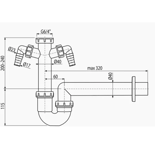ALCA mosogató csőszifon 6/4" hollanderrel és két csatlakozóval (A82-DN40)