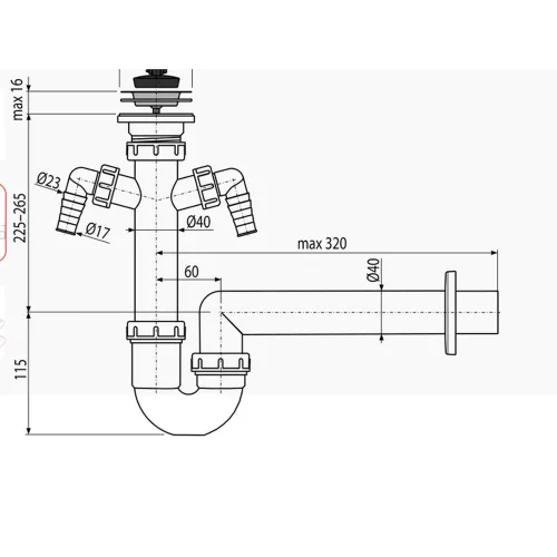 ALCA mosogató csőszifon leeresztő ráccsal DN70 és két csatlakozóval (A820-DN40)